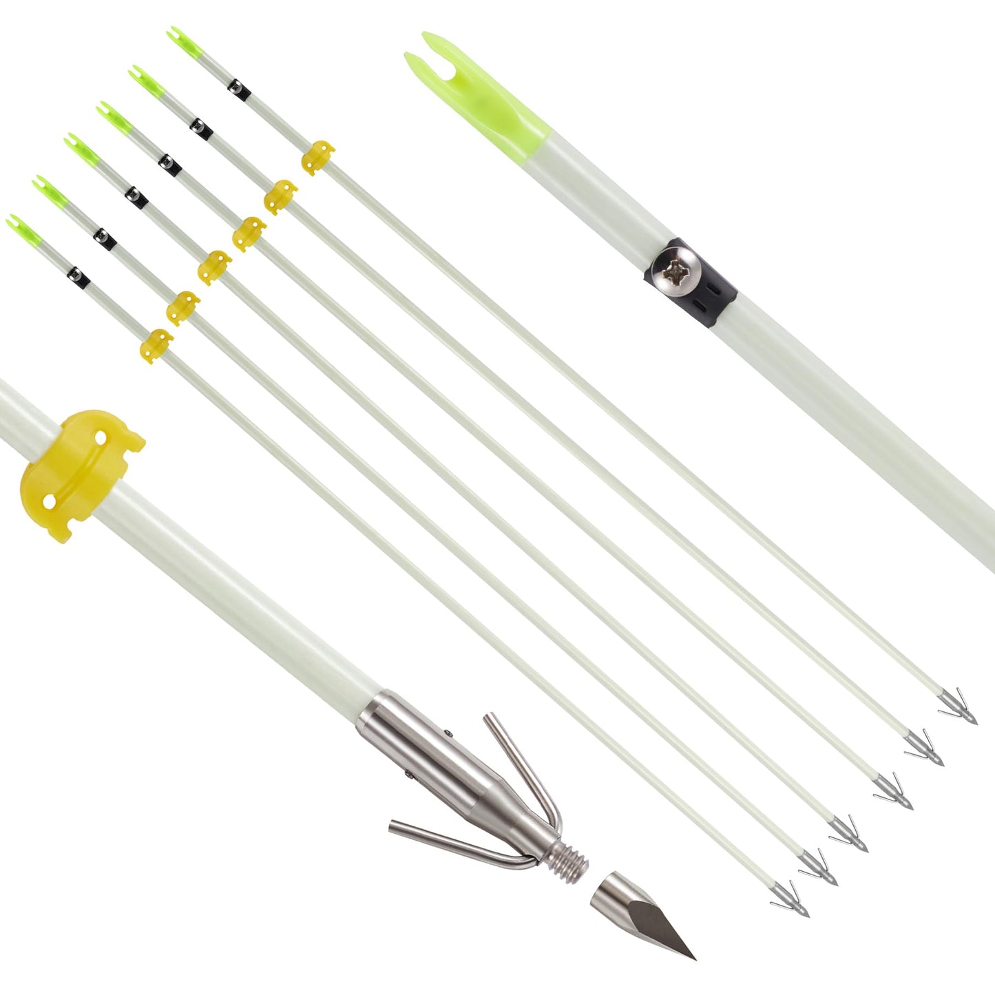 KEAUP 6 Pack Bowfishing Arrows with Broadheads and Safty Slides Solid Archery Fiberglass for Compound Bow and Recurve Bow Fishing Arrow Archery and Hunting
